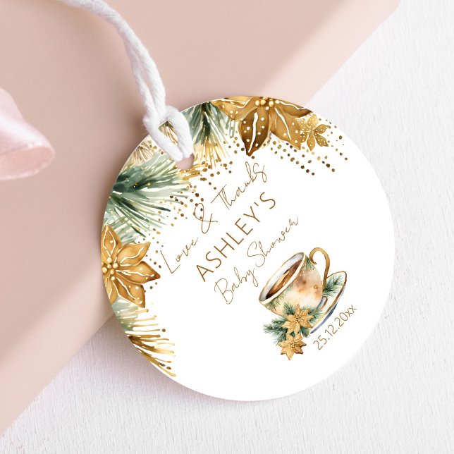 Boho Winter Baby Dusche Tee Party vielen Dank Geschenkanhänger (Boho winter baby shower tea party thank you favor tags watercolor gold poinsettia pines tea cup)