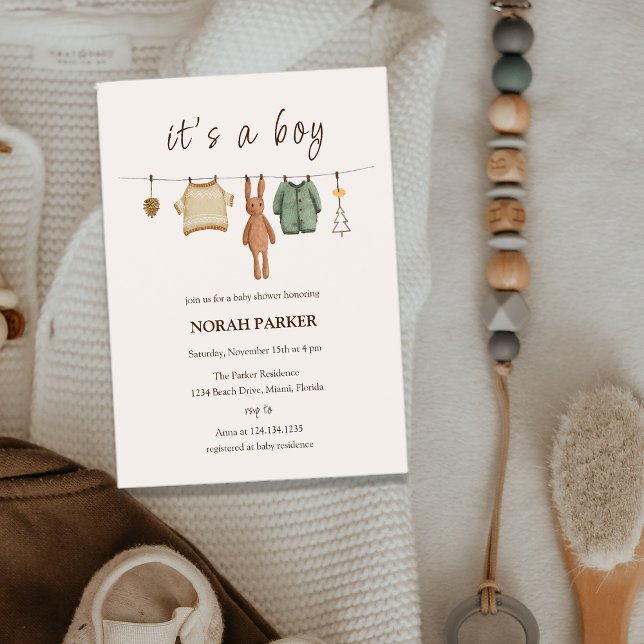 Boho Winter Boy Clothes Kinderdusche Einladung (Boho Winter Boy Clothes Baby Shower Invitation)