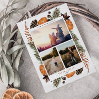 Boho Winter Citrus Botanische 3-Foto-Ferienkarte