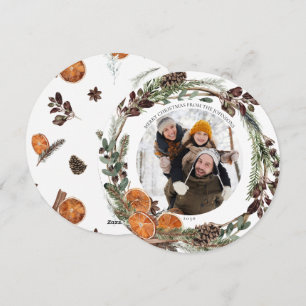 Boho Winter Citrus Round Foto Feiertagskarte