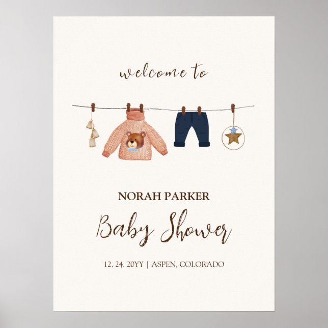 Boho Winter Clothesline Babydusche Begrüßungszeich Poster (Vorne)