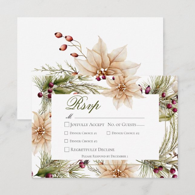 Boho Winter Greenery Boughs Weißes Abendessen RSVP Karte (Vorne/Hinten)