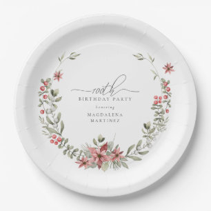 Boho Winter Greenery Red Floral 100. Geburtstag Pappteller