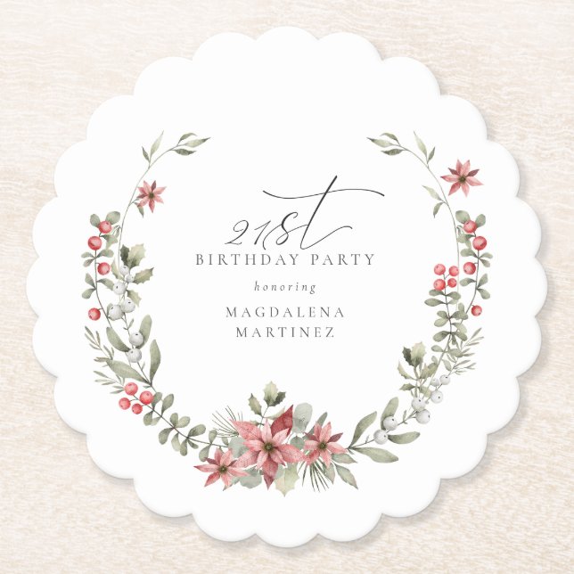 Boho Winter Greenery Red Floral 21. Geburtstag Untersetzer (Vorderseite)
