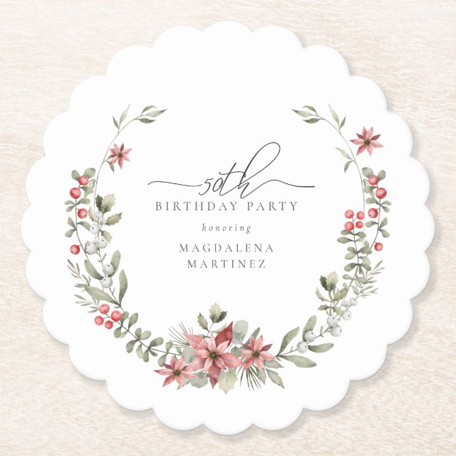 Boho Winter Greenery Red Floral 50. Geburtstag Untersetzer (Vorderseite)