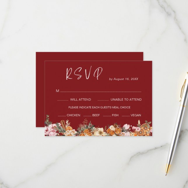 Boho Winter Holiday Burgundy Wedding QR Code RSVP Karte (Vorderseite/Rückseite Beispiel)