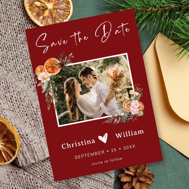 Boho Winter Holiday Wedding Burgundy Save the Date Einladung (Von Creator hochgeladen)