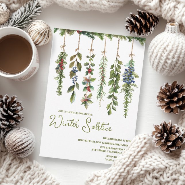 Boho Winter Solstice Herb Grüne Weihnachten Garlan Einladung (Boho Winter Solstice Hanging Herbs and Greenery Yule Garland Invitation)