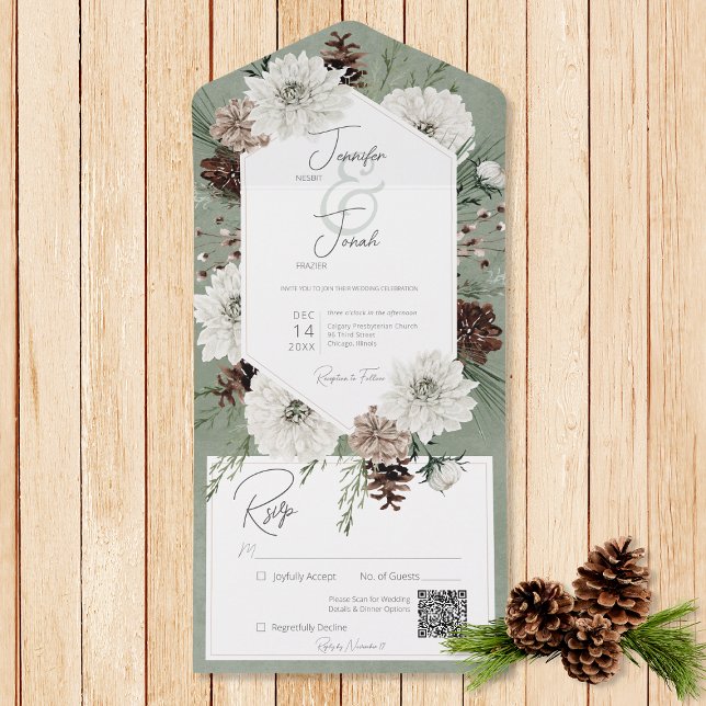 Boho Winter White Floral & Pine Green QR-Code All In One Einladung (Also available without a QR code; with or without dinner selection options.)