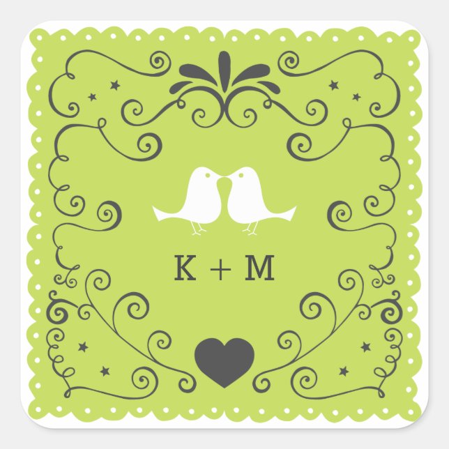Boho Wirbel, Curls, Banner & Lovebirds Hochzeit Quadratischer Aufkleber (Vorderseite)