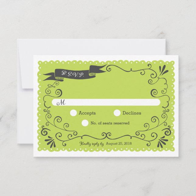 Boho Wirbel, Curls, Banner & Lovebirds Hochzeit RSVP Karte (Vorderseite)