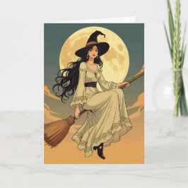 Boho Witchy Woman Astride A Besom Vector Art Feiertagskarte