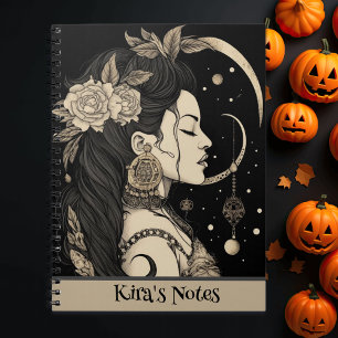 Boho Witchy Woman, Celestial Moon Stars, Black Notizblock