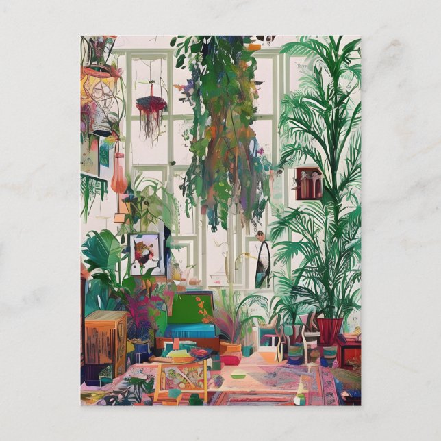 Boho Wohnzimmer voll von Pflanze Postkarte (Vorderseite)