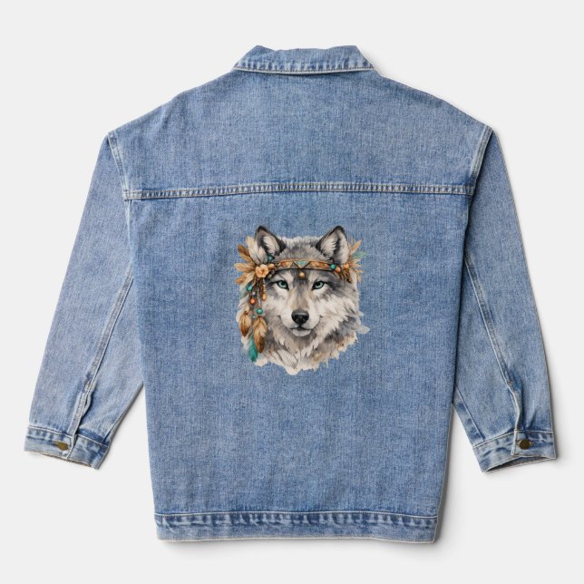 Boho-Wolf-Porträt bestickte Zip-Hoodie Jeansjacke (Rückseite)