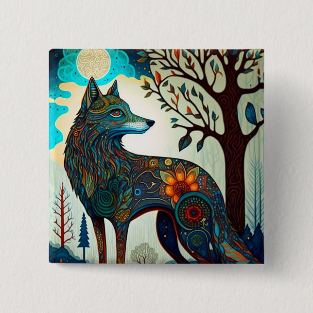 Boho Wolf Surreal Wildlife Art Button (Vorderseite)