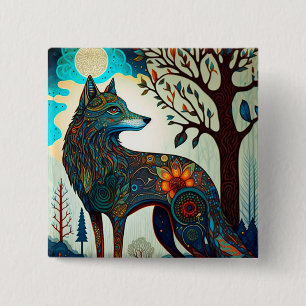 Boho Wolf Surreal Wildlife Art Button
