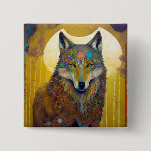 Boho Wolf Surreal Wildlife Art Button