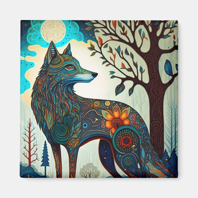 Boho Wolf Surreal Wildlife Art Button Magnet (Vorne)