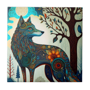 Boho Wolf Surreal Wildlife Art Keramik Tile Fliese