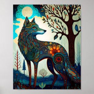 Boho Wolf Surreal Wildlife Art Poster