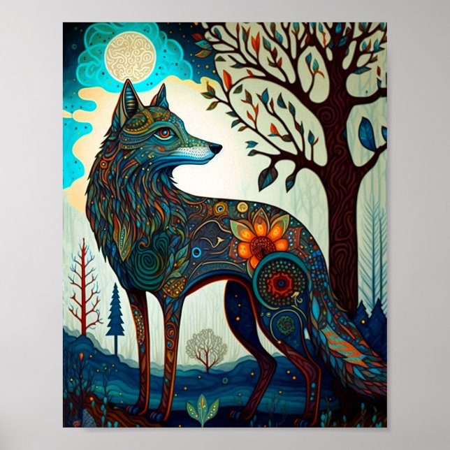 Boho Wolf Surreal Wildlife Art Poster (Vorne)