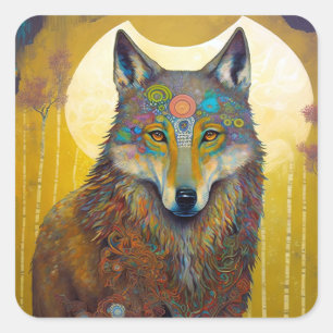 Boho Wolf Surreal Wildlife Art Quadratischer Aufkleber