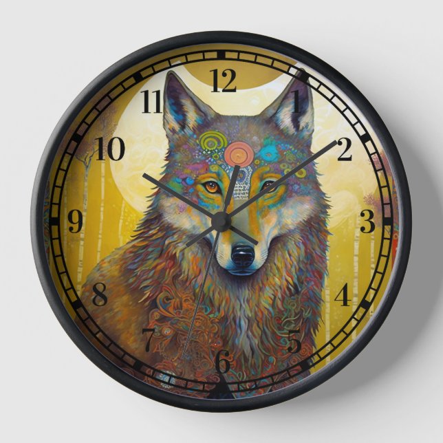 Boho Wolf Surreal Wildlife Art Uhr (Vorderseite)