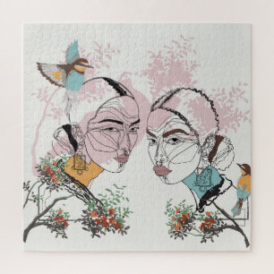 Boho Women African Asian Line Artwork Puzzle