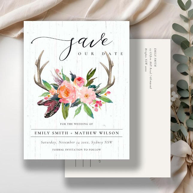 BOHO WOOD BLUSH ANTLER FLORA LAND SAVE THE DATE ANKÜNDIGUNGSPOSTKARTE (Von Creator hochgeladen)