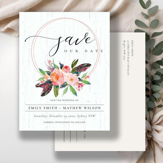 BOHO WOOD BLUSH WREATH FLORA LAND SAVE THE DATE ANKÜNDIGUNGSPOSTKARTE (Von Creator hochgeladen)