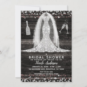 Boho Wood Chic Diamant Hochzeitskleid Brautparty Einladung
