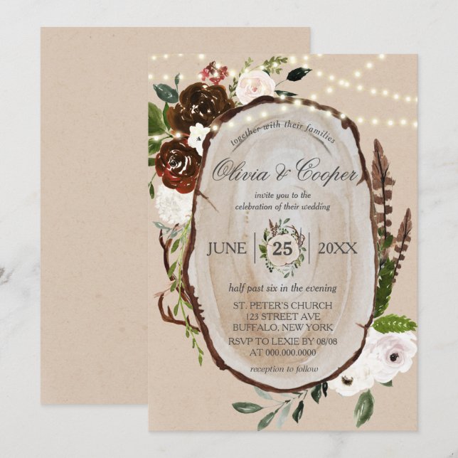 Boho Wood Slice Feather Marsala Floral Wedding in Einladung (Vorne/Hinten)