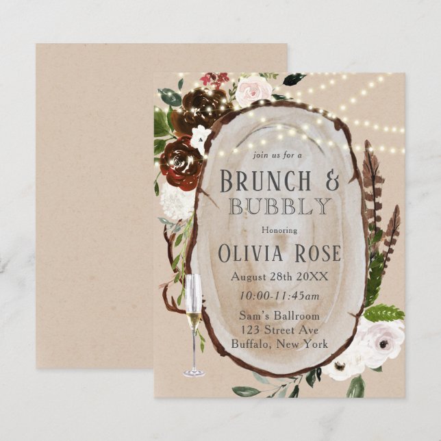 Boho Wood Slice Marsala Brunch & Bubbly Einladung (Vorne/Hinten)