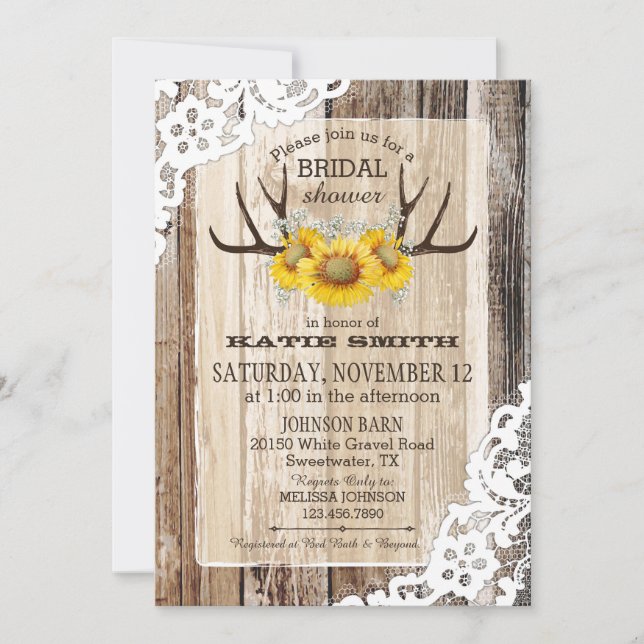 Boho Wood Sunflower Antlers Rustikales Brautparty Einladung (Vorderseite)