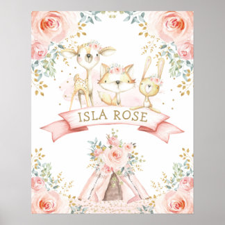 Boho Woodland Animal Blush Floral Monogram Kinderz Poster