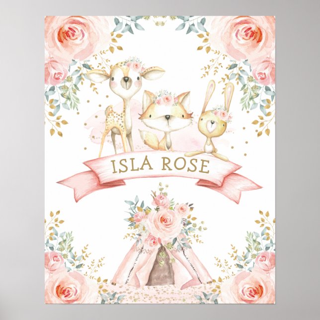 Boho Woodland Animal Blush Floral Monogram Kinderz Poster (Vorne)