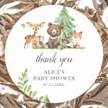 Boho Woodland Animals Danke Baby Dusche Runder Aufkleber<br><div class="desc">Niedliche Waldtiere mit Bären,  Hirschen,  Fuchs,  Marmelade,  Eule und Schmetterling.</div>