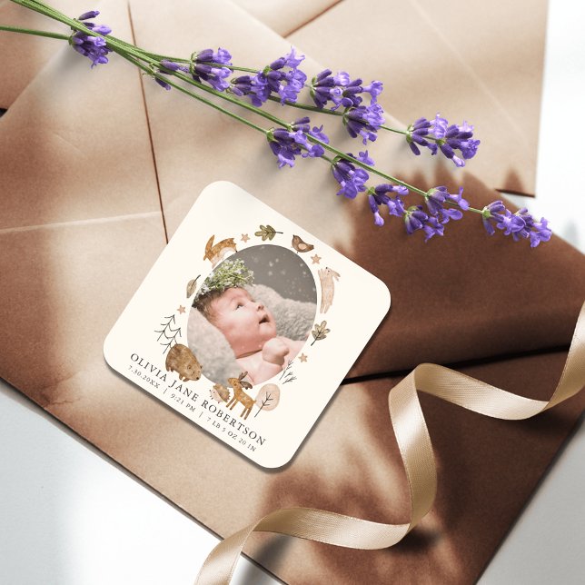 Boho Woodland Animals Foto Geburtsankündigung Quadratischer Aufkleber (Von Creator hochgeladen)