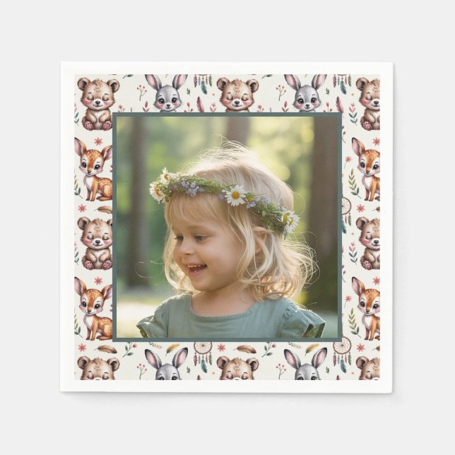 Boho Woodland Animals Foto Kleinkind Geburtstag Serviette (Vorderseite)