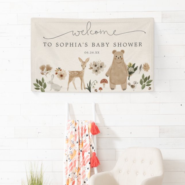 Boho Woodland Baby Dusche Begrüßungsbanner Banner (Insitu)
