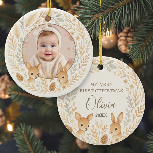 Boho Woodland Baby First Christmas Keepsake Keramik Ornament (Von Creator hochgeladen)