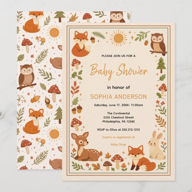 Boho Woodland Baby Shower | Rustic Forest Animals Einladung (Vorne/Hinten)