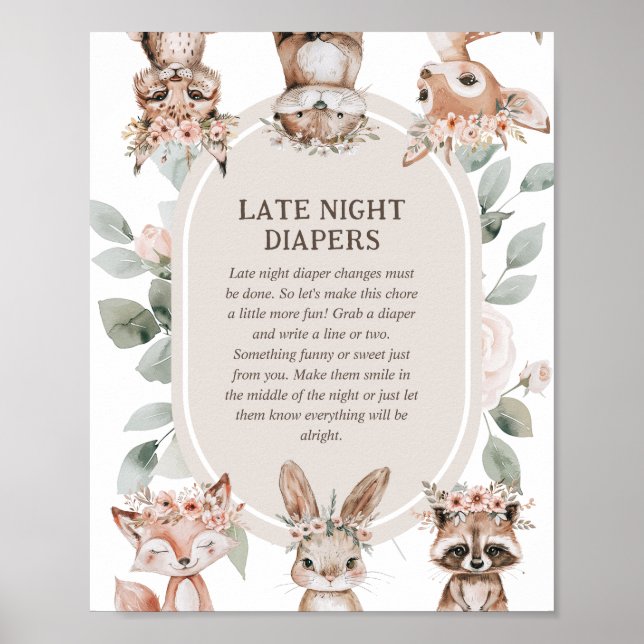Boho Woodland Babydusche 'Late Night Diaper' Poster (Vorne)