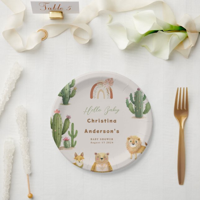 Boho Woodland Bear Lion Fox Cactus Baby Shower Pappteller (Hochzeit)