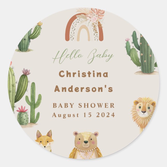 Boho Woodland Bear Lion Fox Cactus Baby Shower Runder Aufkleber (Vorderseite)