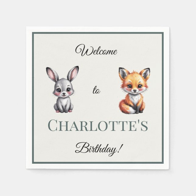 Boho Woodland Bunny Fox Kind's Geburtstag Serviette (Vorderseite)