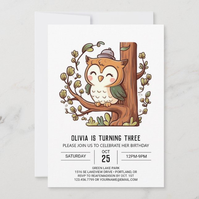Boho Woodland Digital Owl Geburtstag Einladung (Vorderseite)