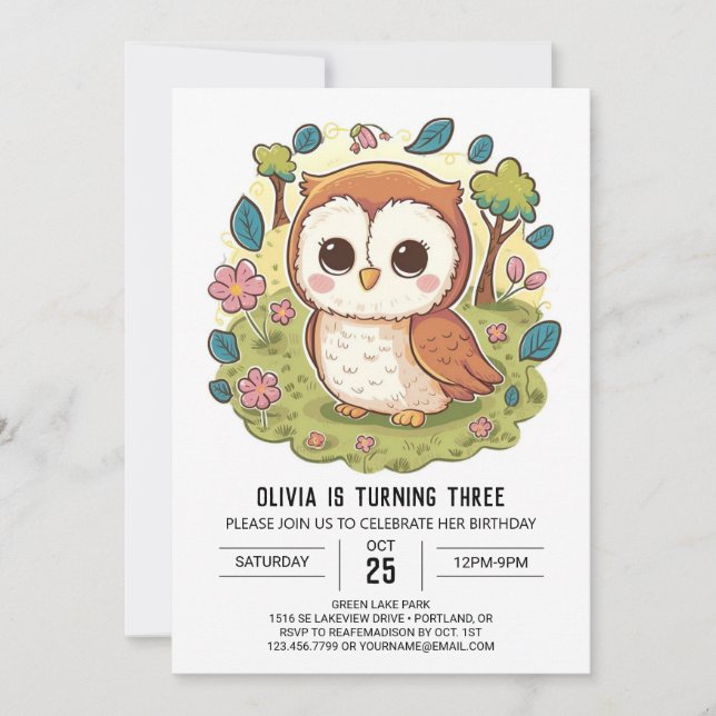 Boho Woodland Digital Owl Geburtstag Einladung (Vorderseite)