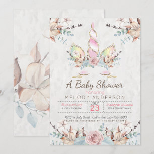 BOHO Woodland Floral Unicorn Kinderdusche Rosa Einladung